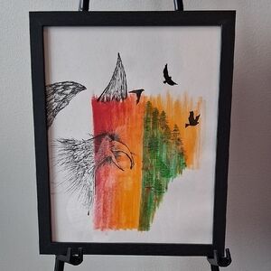 "True Freedom": 11"x9" Hand Drawn Framed Vibrant Bird and Nature Illustration